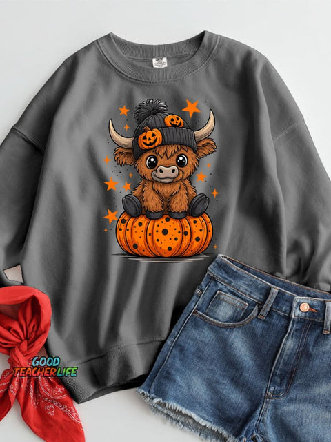 Halloween Cow and Pumpkin Decorative Pattern Casual Sweatshirt