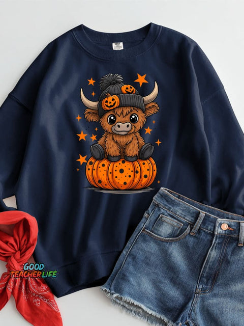 Halloween Cow and Pumpkin Decorative Pattern Casual Sweatshirt
