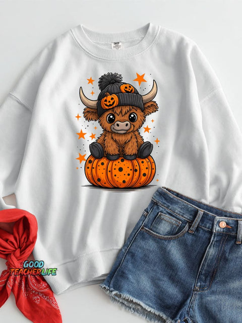 Halloween Cow and Pumpkin Decorative Pattern Casual Sweatshirt