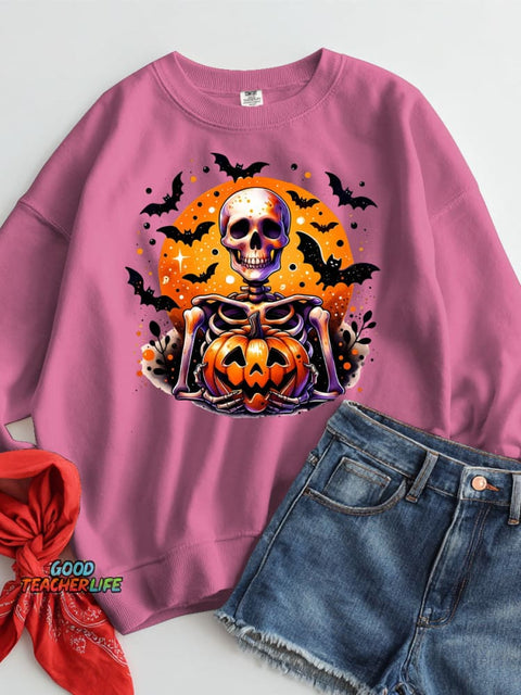 Halloween Skull and Pumpkin Decorative Pattern Casual Sweatshirt