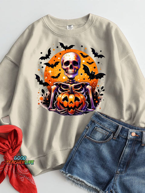 Halloween Skull and Pumpkin Decorative Pattern Casual Sweatshirt