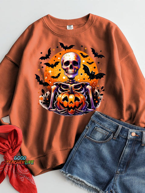 Halloween Skull and Pumpkin Decorative Pattern Casual Sweatshirt