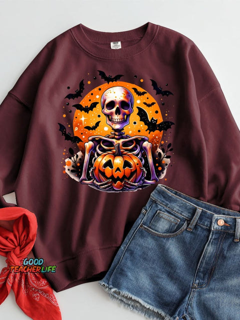 Halloween Skull and Pumpkin Decorative Pattern Casual Sweatshirt