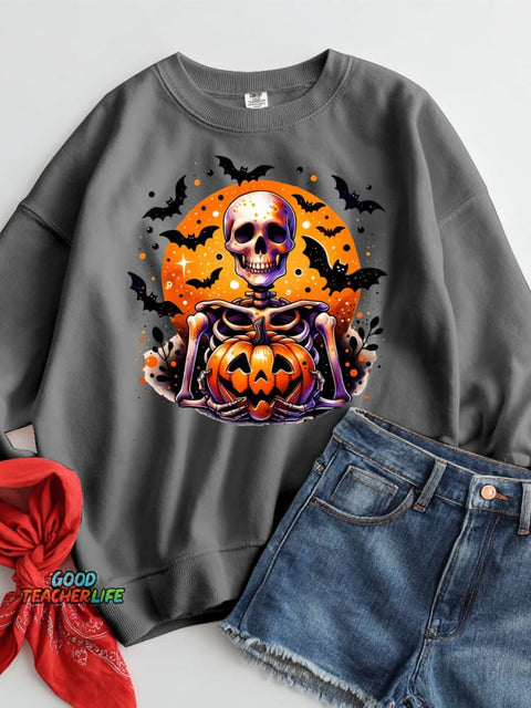 Halloween Skull and Pumpkin Decorative Pattern Casual Sweatshirt