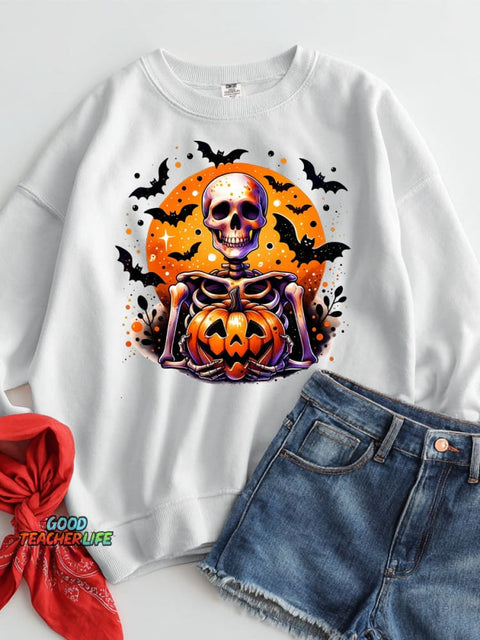 Halloween Skull and Pumpkin Decorative Pattern Casual Sweatshirt