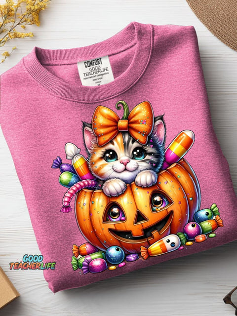Halloween Pumpkin Candy Cat Decoration Pattern Casual Sweatshirt