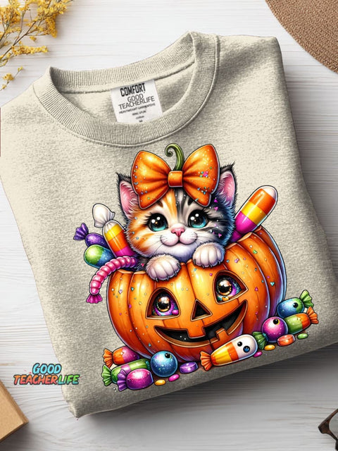 Halloween Pumpkin Candy Cat Decoration Pattern Casual Sweatshirt