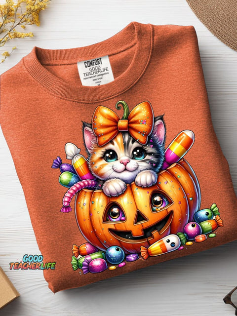 Halloween Pumpkin Candy Cat Decoration Pattern Casual Sweatshirt