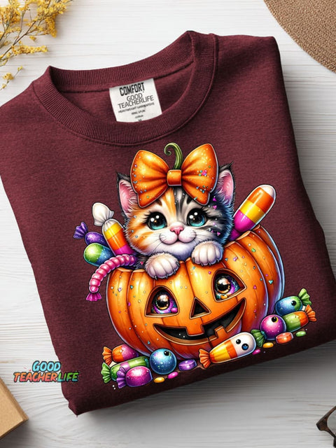 Halloween Pumpkin Candy Cat Decoration Pattern Casual Sweatshirt