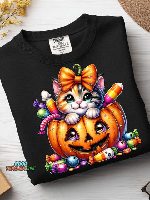 Halloween Pumpkin Candy Cat Decoration Pattern Casual Sweatshirt