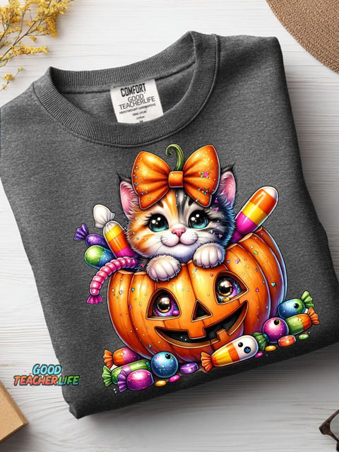 Halloween Pumpkin Candy Cat Decoration Pattern Casual Sweatshirt