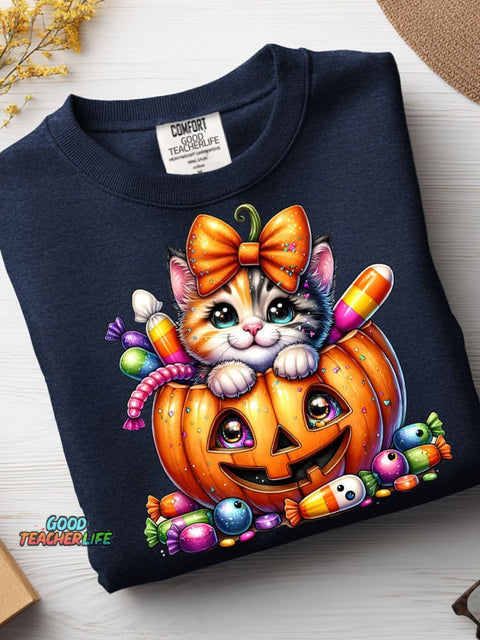 Halloween Pumpkin Candy Cat Decoration Pattern Casual Sweatshirt