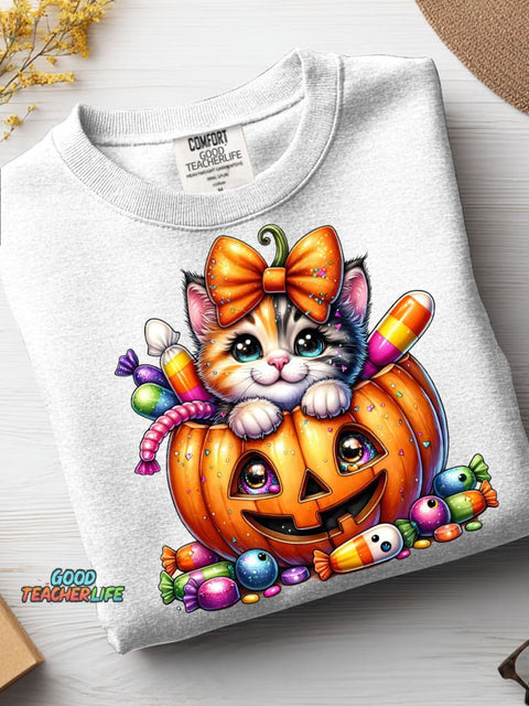Halloween Pumpkin Candy Cat Decoration Pattern Casual Sweatshirt