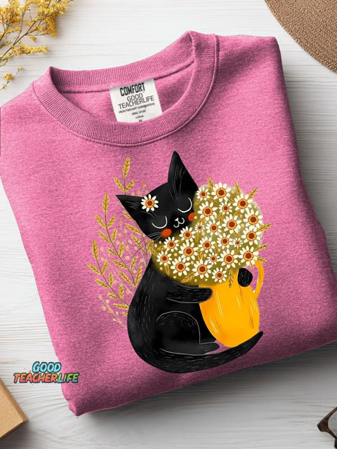 Cute Kittens and Flowers Decorative Pattern Casual Sweatshirt