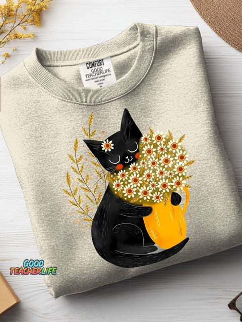 Cute Kittens and Flowers Decorative Pattern Casual Sweatshirt