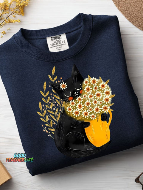Cute Kittens and Flowers Decorative Pattern Casual Sweatshirt