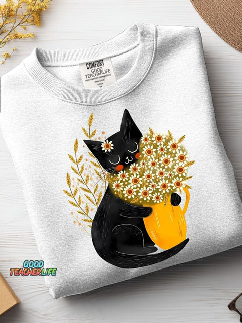 Cute Kittens and Flowers Decorative Pattern Casual Sweatshirt