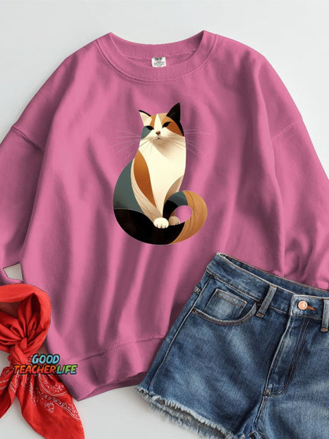 Elegant Geometric Cat Decorative Pattern Casual Sweatshirt