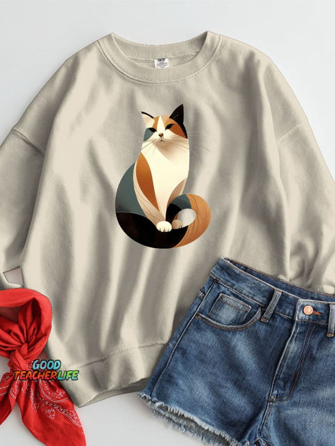 Elegant Geometric Cat Decorative Pattern Casual Sweatshirt