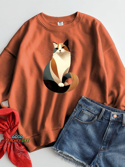 Elegant Geometric Cat Decorative Pattern Casual Sweatshirt