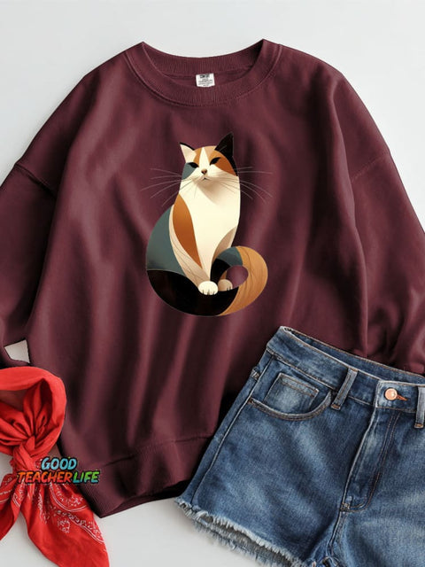 Elegant Geometric Cat Decorative Pattern Casual Sweatshirt
