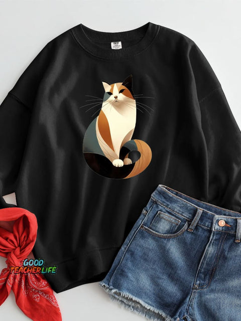 Elegant Geometric Cat Decorative Pattern Casual Sweatshirt