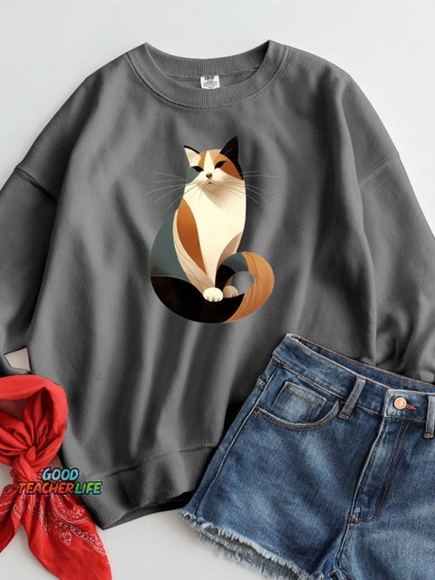 Elegant Geometric Cat Decorative Pattern Casual Sweatshirt
