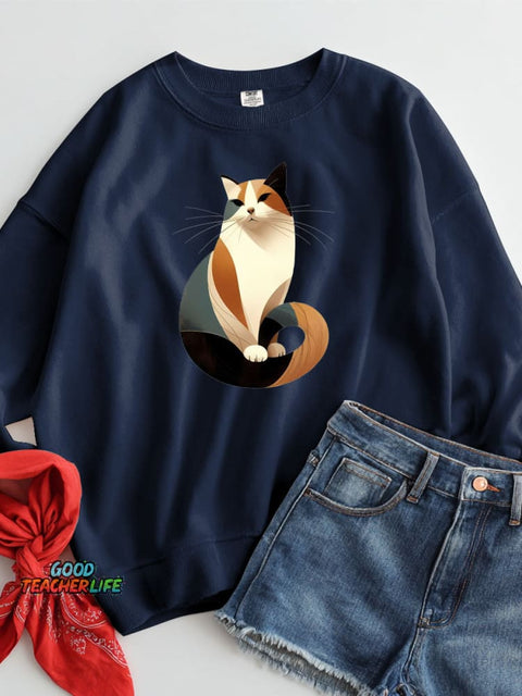 Elegant Geometric Cat Decorative Pattern Casual Sweatshirt
