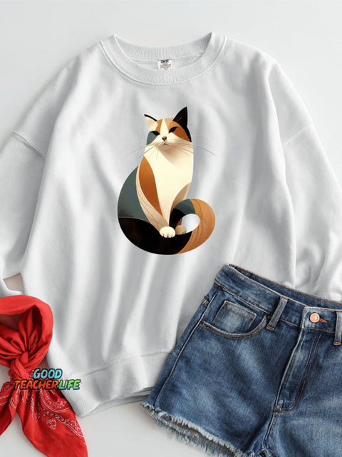 Elegant Geometric Cat Decorative Pattern Casual Sweatshirt