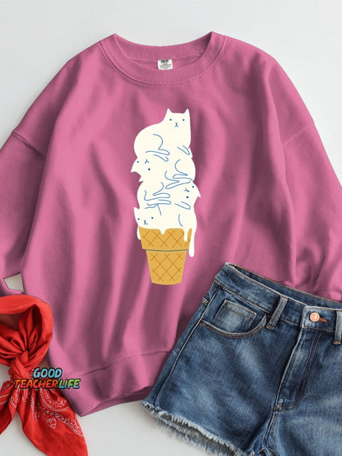 White Cat Ice Cream Decoration Pattern Casual Sweatshirt