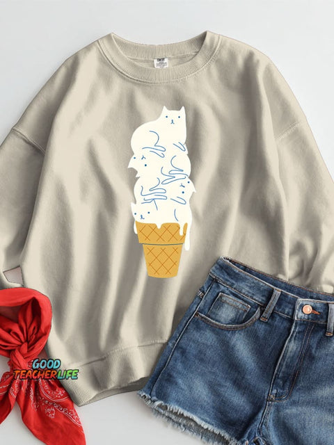 White Cat Ice Cream Decoration Pattern Casual Sweatshirt