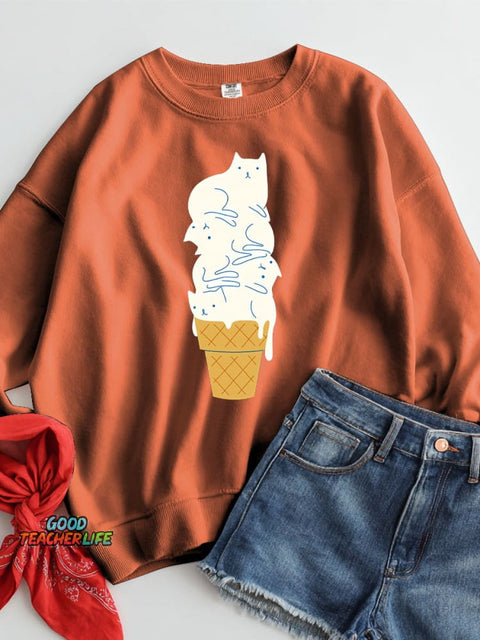White Cat Ice Cream Decoration Pattern Casual Sweatshirt