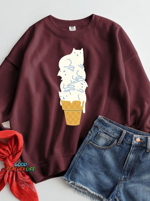 White Cat Ice Cream Decoration Pattern Casual Sweatshirt