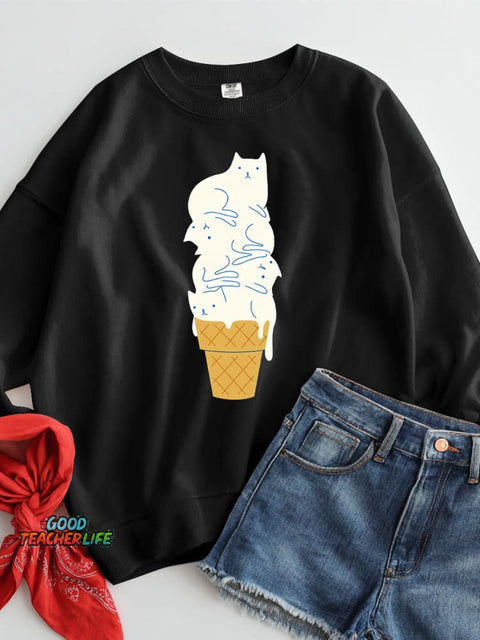 White Cat Ice Cream Decoration Pattern Casual Sweatshirt