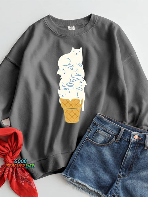 White Cat Ice Cream Decoration Pattern Casual Sweatshirt