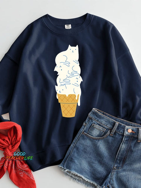 White Cat Ice Cream Decoration Pattern Casual Sweatshirt