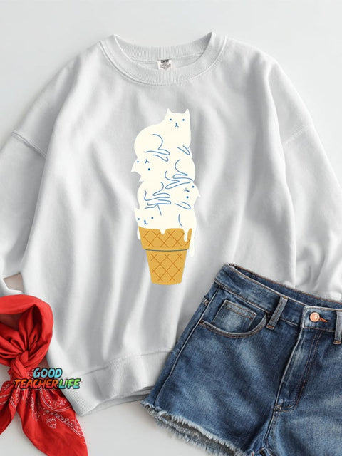 White Cat Ice Cream Decoration Pattern Casual Sweatshirt