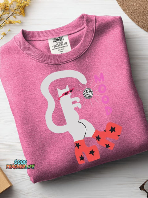 Disco Cat Decorative Pattern Casual Sweatshirt