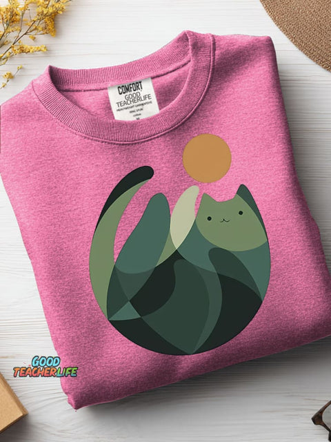 Geometric Color Block Cat Casual Sweatshirt