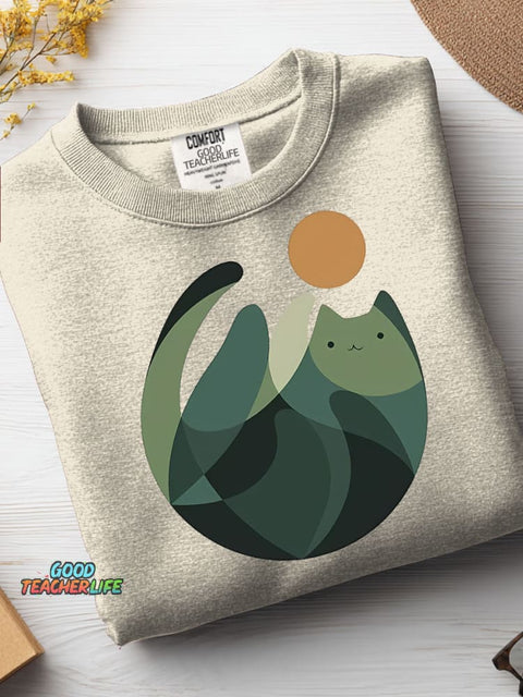 Geometric Color Block Cat Casual Sweatshirt
