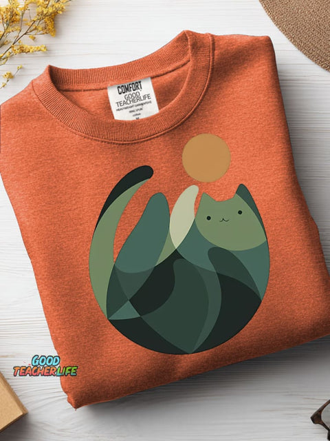 Geometric Color Block Cat Casual Sweatshirt
