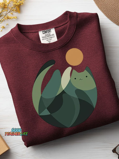 Geometric Color Block Cat Casual Sweatshirt