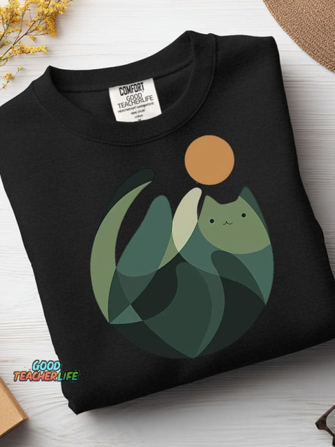 Geometric Color Block Cat Casual Sweatshirt