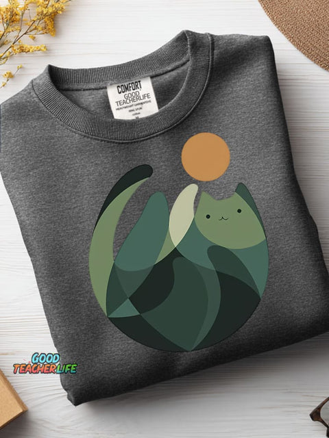 Geometric Color Block Cat Casual Sweatshirt