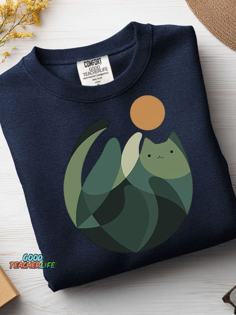 Geometric Color Block Cat Casual Sweatshirt