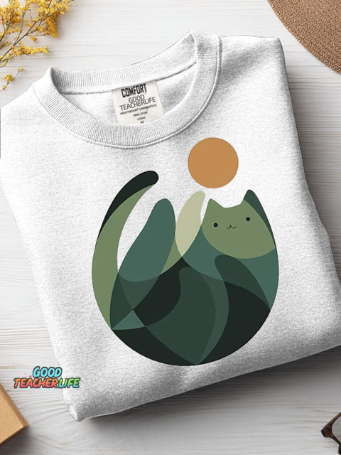 Geometric Color Block Cat Casual Sweatshirt