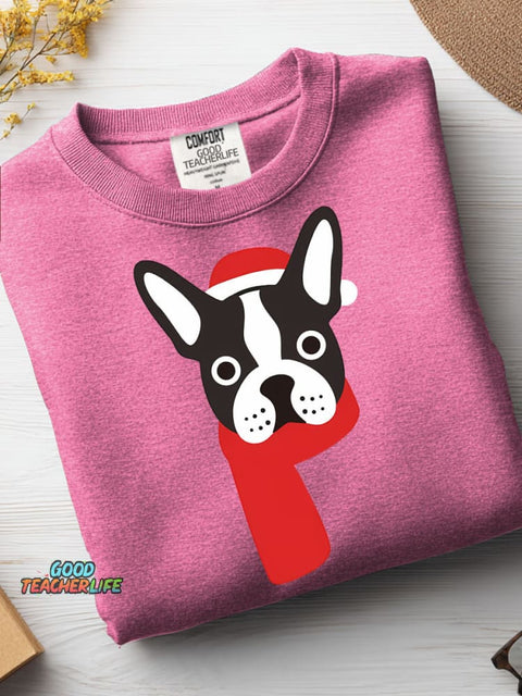 Christmas Boston Bulldog Decorative Pattern Casual Sweatshirt