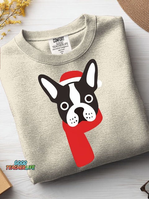 Christmas Boston Bulldog Decorative Pattern Casual Sweatshirt
