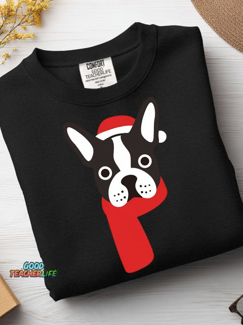 Christmas Boston Bulldog Decorative Pattern Casual Sweatshirt