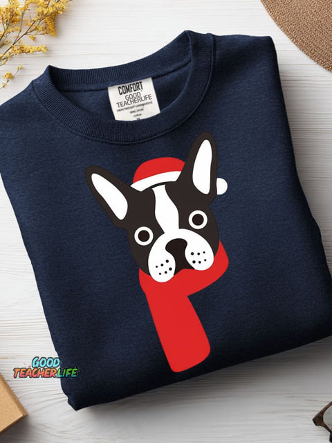 Christmas Boston Bulldog Decorative Pattern Casual Sweatshirt